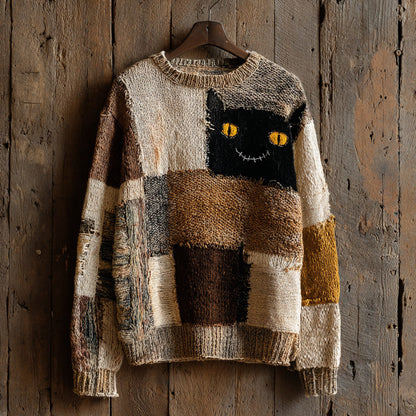 Halloween Abstract Black Cat Smiling Face Contrast Stitched Cozy Knit Sweater