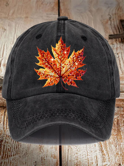 Sequined Pumpkin Maple Leaf Print Hat