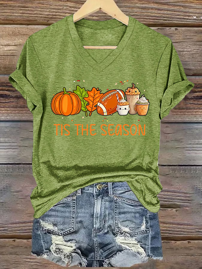 V-Neck Retro Tis The Season Pumpkin Spice Latte Pumpkin Maple Leaf Football Print T-Shirt