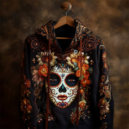 Day Of The Dead Sugar Skull Woman Floral Glitter Hoodie