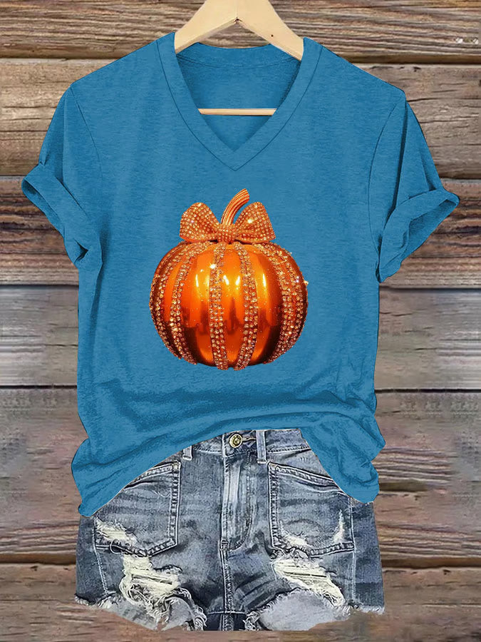 Women's Autumn Sequined Pumpkin Print V-Neck Short Sleeve T-Shirt