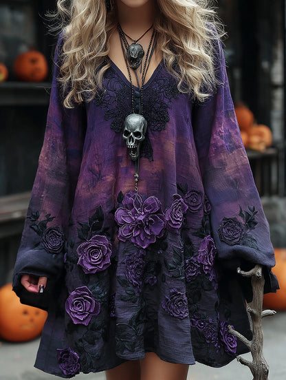 Women's Vintage Halloween Purple Rose Art Comfy Linen Mini Dress