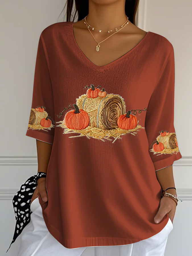 Women'S Casual Autumn Pumpkin Straw Print V-Neck T-Shirt