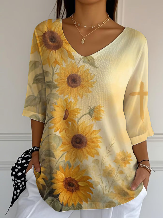 Women'S Casual Early Autumn Sunflowers Cross Print V-Neck T-Shirt