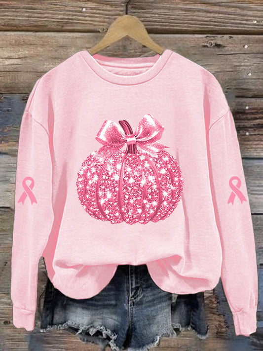 Women's Breast Cancer Sequin Pumpkin Print Crew Neck Sweatshirt