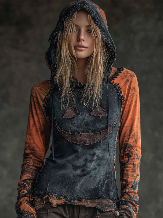 Halloween Spooky Face Contrast Stitched Washed Hoodie