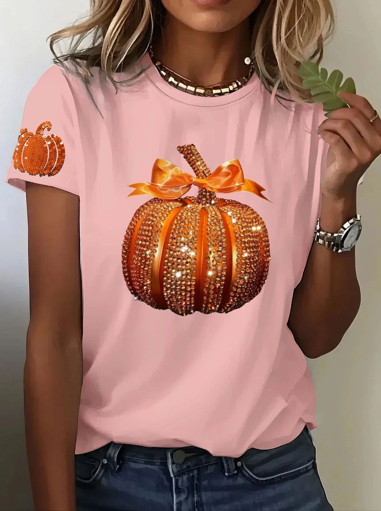 Women's Autumn Sequined Pumpkin Print Crew Neck Short Sleeve T-shirt