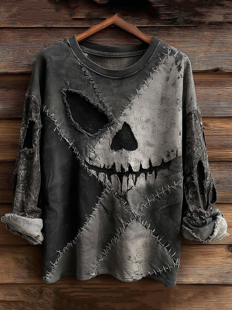Halloween Skull Spooky Pattern Stitching Washed Men's T-shirt