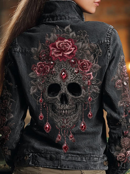 Women's Skeleton Rose Washed Long-sleeved Denim Jacket