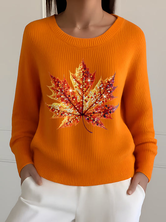 Women's Autumn Sequined Maple Leaf Crew Neck Sweater