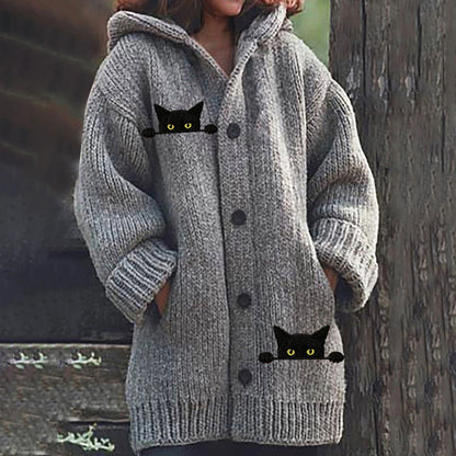 Women's Casual Funny Black Cat Print Hood Sweater