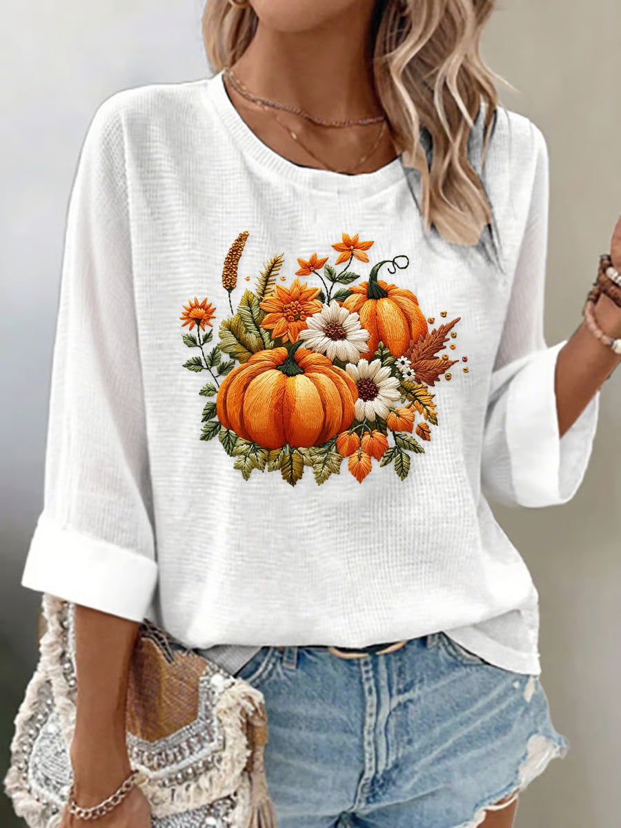 Women's Casual Autumn Pumpkin Waffle Long Sleeve T-shirt
