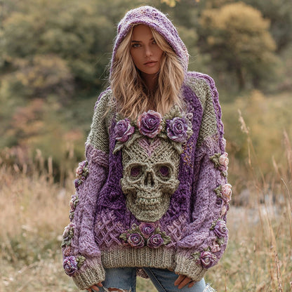 Women's Rose And Skull Inspired Knit Cozy Hooded Sweater