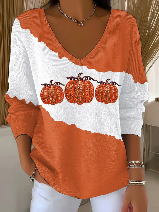 Women's Sequin Pumpkin Print Casual Striped Fabric Long Sleeve T-shirt