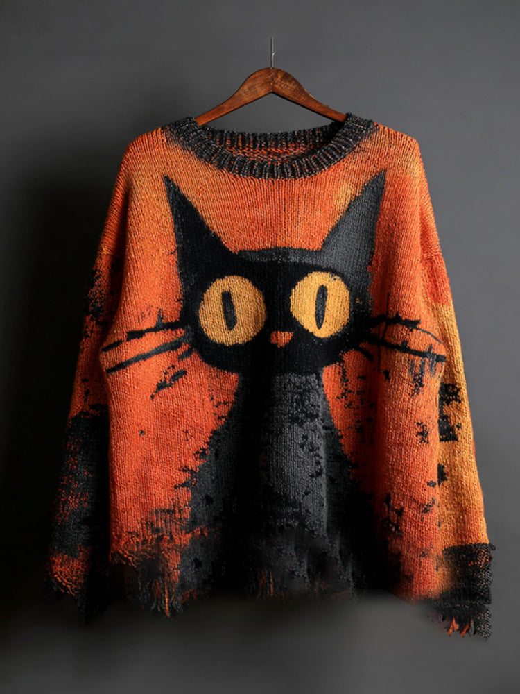 Halloween Black Cat Knit Sweatshirt