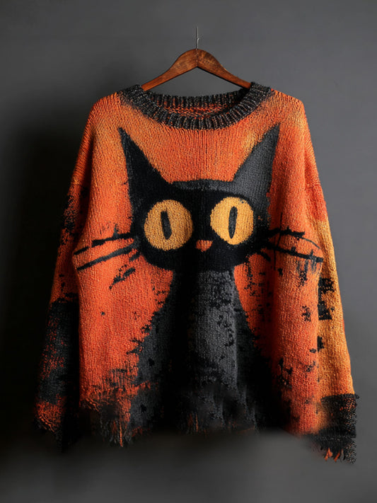 Halloween Black Cat Knit Sweatshirt