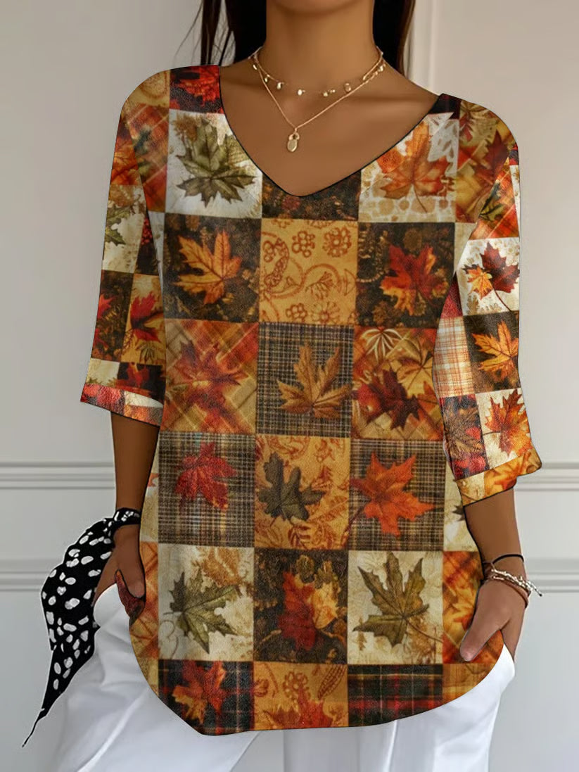 Women's Autumn Maple Leaf Pumpkin Printed T-Shirt