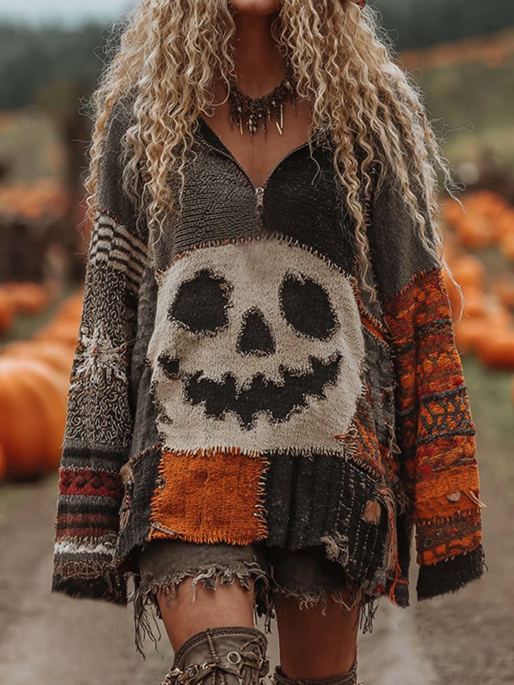 Halloween Face With Striped Art Cozy Knit Zipped Sweater