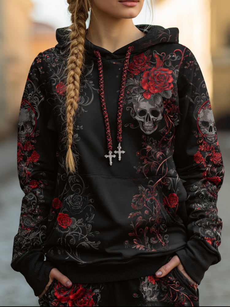 Halloween Dark Lady Skull And Red Rose Pattern Printed Long-sleeve Hooded Sweatshirt