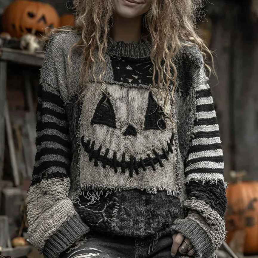 Halloween Face Patchwork Art Cozy Knit Sweater