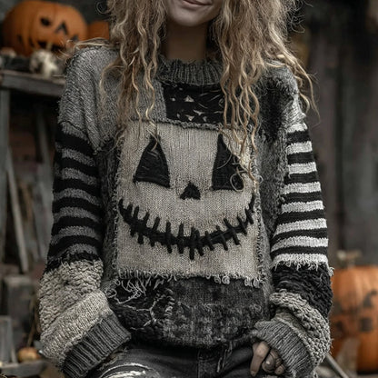 Halloween Face Patchwork Art Cozy Knit Sweater