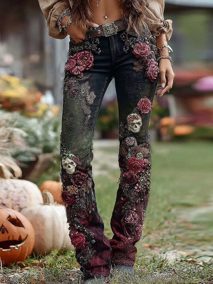 Rose Skull Embroidered Halloween Gothic Rock Jeans