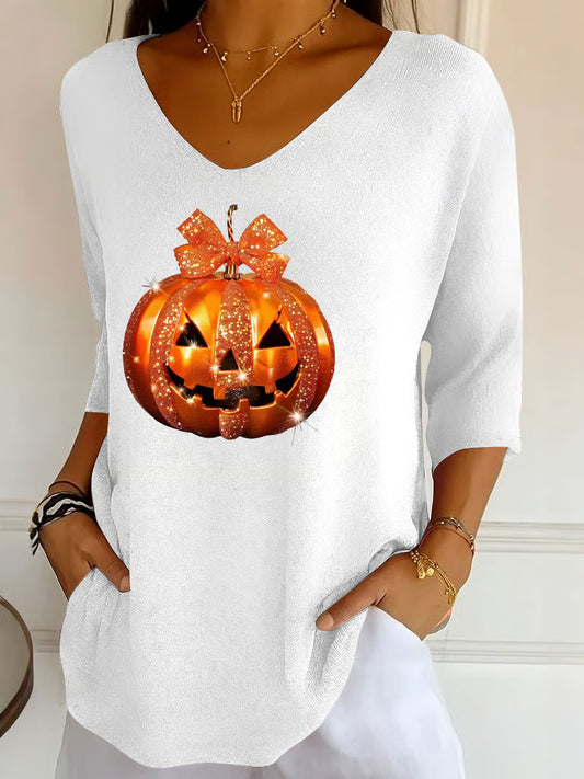 Women's Autumn Halloween Sequined Pumpkin Print V-Neck T-Shirt