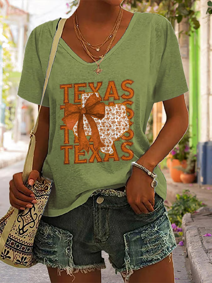 V-Neck Retro Texas Autumn Burnt Orange Coquette Bow Print T-Shirt