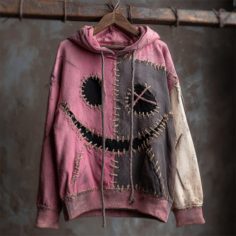 Halloween Stitched Monster Face Contrast Washed Hoodie