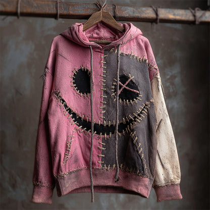 Halloween Stitched Monster Face Contrast Washed Hoodie