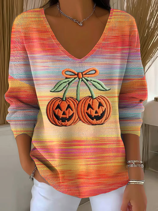 Women's Casual Autumn Pumpkin Stripe Print Long Sleeve T-shirt