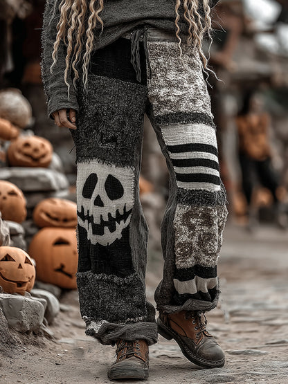 Bohemian Halloween Themed Embroidered Contrast Color Patchwork Linen Pants