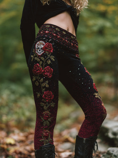 Women's Vintage Skull And Rose Pattern Comfortable Leggings