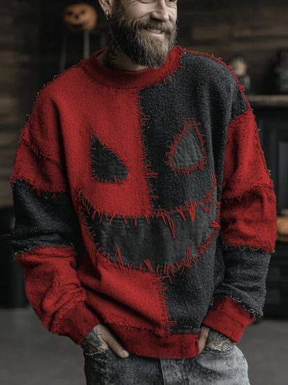 Men's Halloween Spooky Face Colorblock Stitched Cozy Knit Sweater
