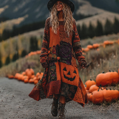 Vintage Halloween Pumpkin Face With Floral Patchwork Art Linen Cozy Knit Sweater Maxi Dress