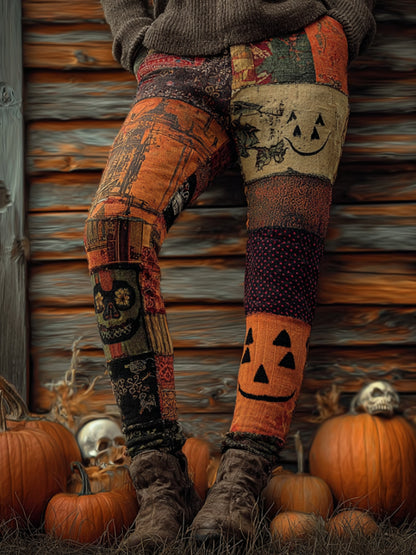 Halloween-themed Knitted Pants With A Patchwork Of Pumpkin-colored Blocks