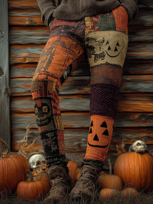 Halloween-themed Knitted Pants With A Patchwork Of Pumpkin-colored Blocks