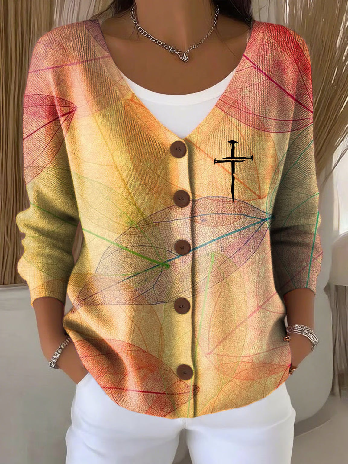 Women'S Faith Cross Print Autumn knitted cardigan