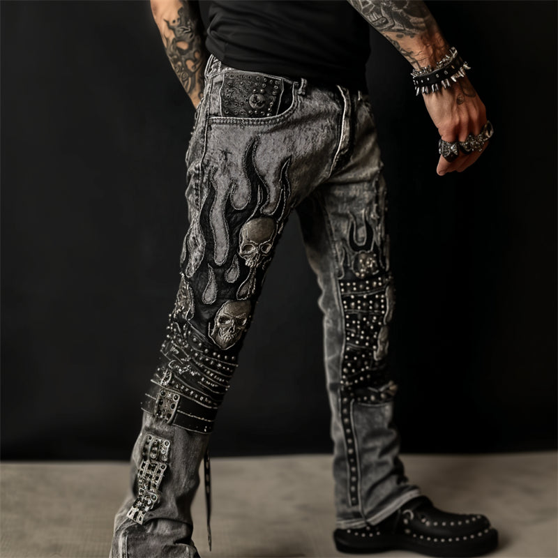 Men's Skulls & Flame Leather Patchwork Rock Studded Washed Jeans