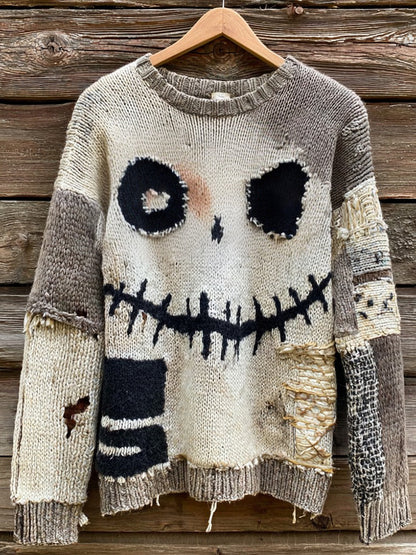 Halloween Spooky Face Contrast Stitched Cozy Knit Sweater