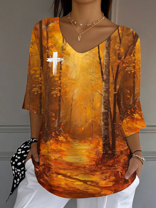 Women's Autumn Cross Oil Painting Print Casual Top