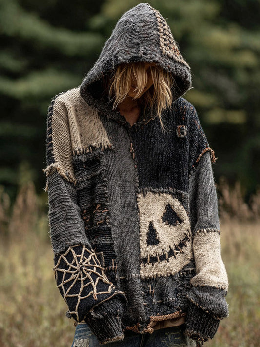 Halloween Spooky Face Patchwork Design Cozy Knit Hooded Sweater