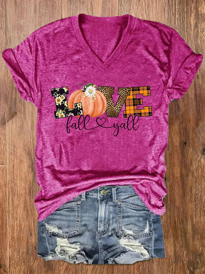 Women's Love Fall Y'all Print V-Neck Tee