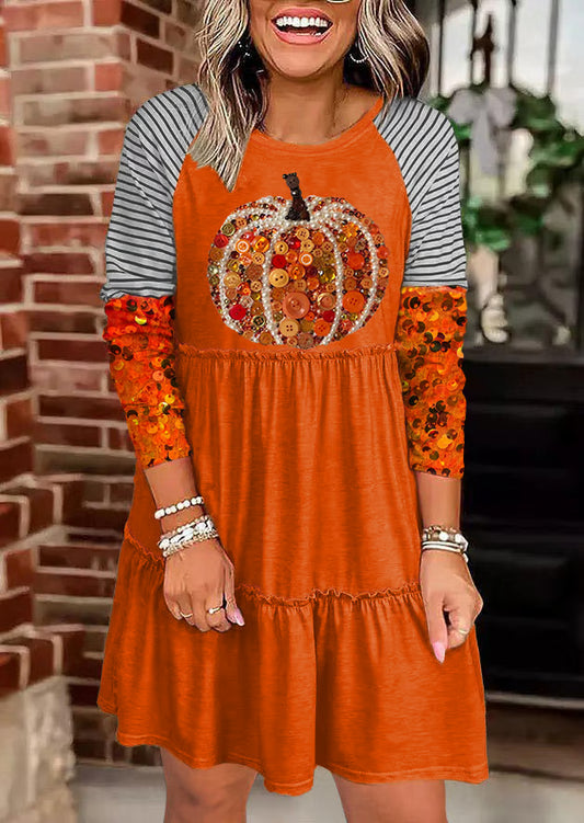 Women's Autumn Pumpkin Striped Print Dress