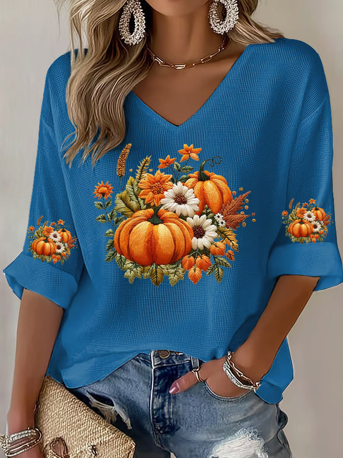 Women's Casual Autumn Pumpkin Waffle Long Sleeve T-shirt