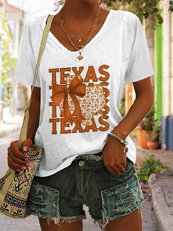 V-Neck Retro Texas Autumn Burnt Orange Coquette Bow Print T-Shirt