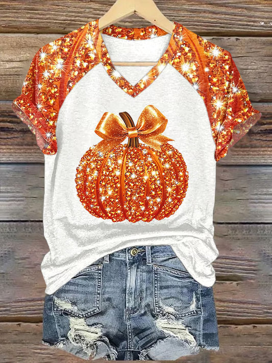 V-Neck Retro Color Block Autumn Pumpkin Bow Print T-Shirt