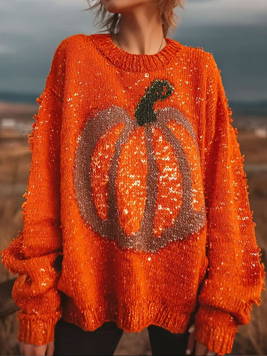 Women's Autumn Pumpkin Contrast Stitching Cozy Knit Sweater
