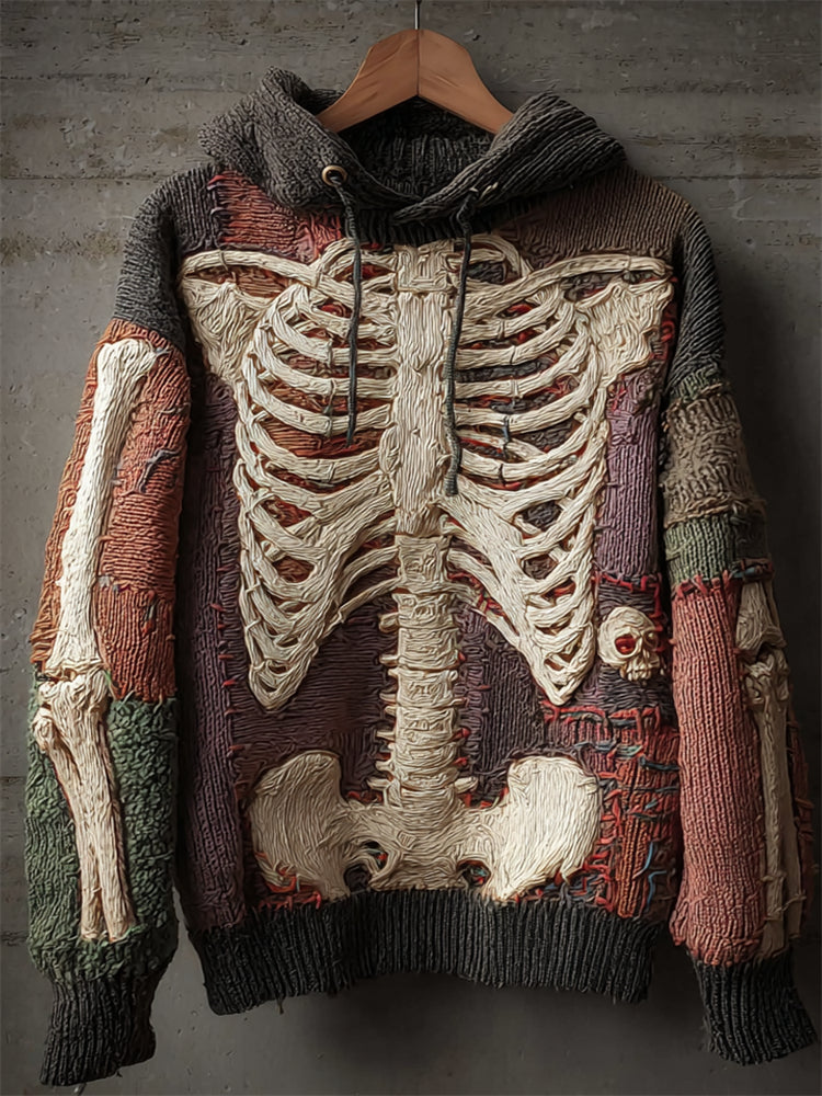 Halloween Skeleton Colorblock Anatomy Cozy Knit Hooded Sweater
