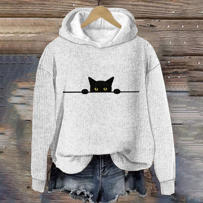 Women's Casual Funny Black Cat Print Hood Sweater